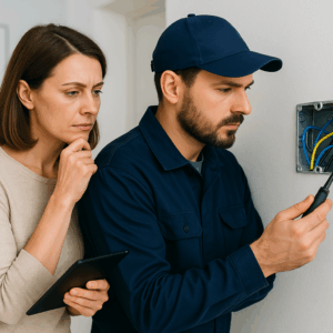 Kobieta w średnim wieku w casualowym stroju stoi obok elektryka w granatowym uniformie, który bada otwartą puszkę elektryczną w białej ścianie. Oboje wyglądają na skupionych, prowadząc poważną rozmowę o instalacji. W tle nowoczesne, jasne wnętrze.